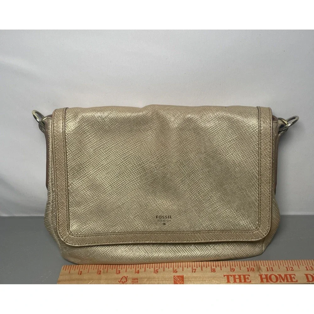 Fossil Distressed Metallic Gold Leather Flap Crossbody Messenger Bag